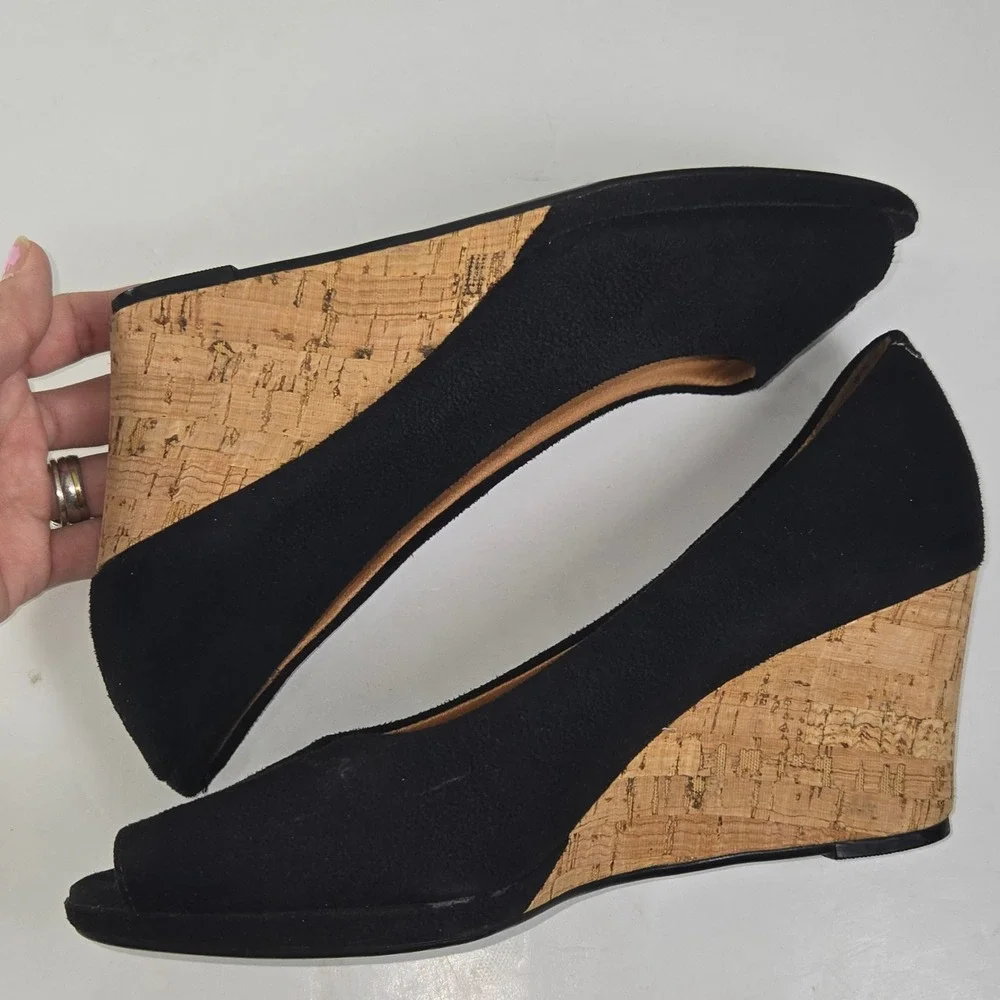 Vizzano Black Suede Peep Toe Wedge Heels Cork Platform Women Size 9 EUR 40